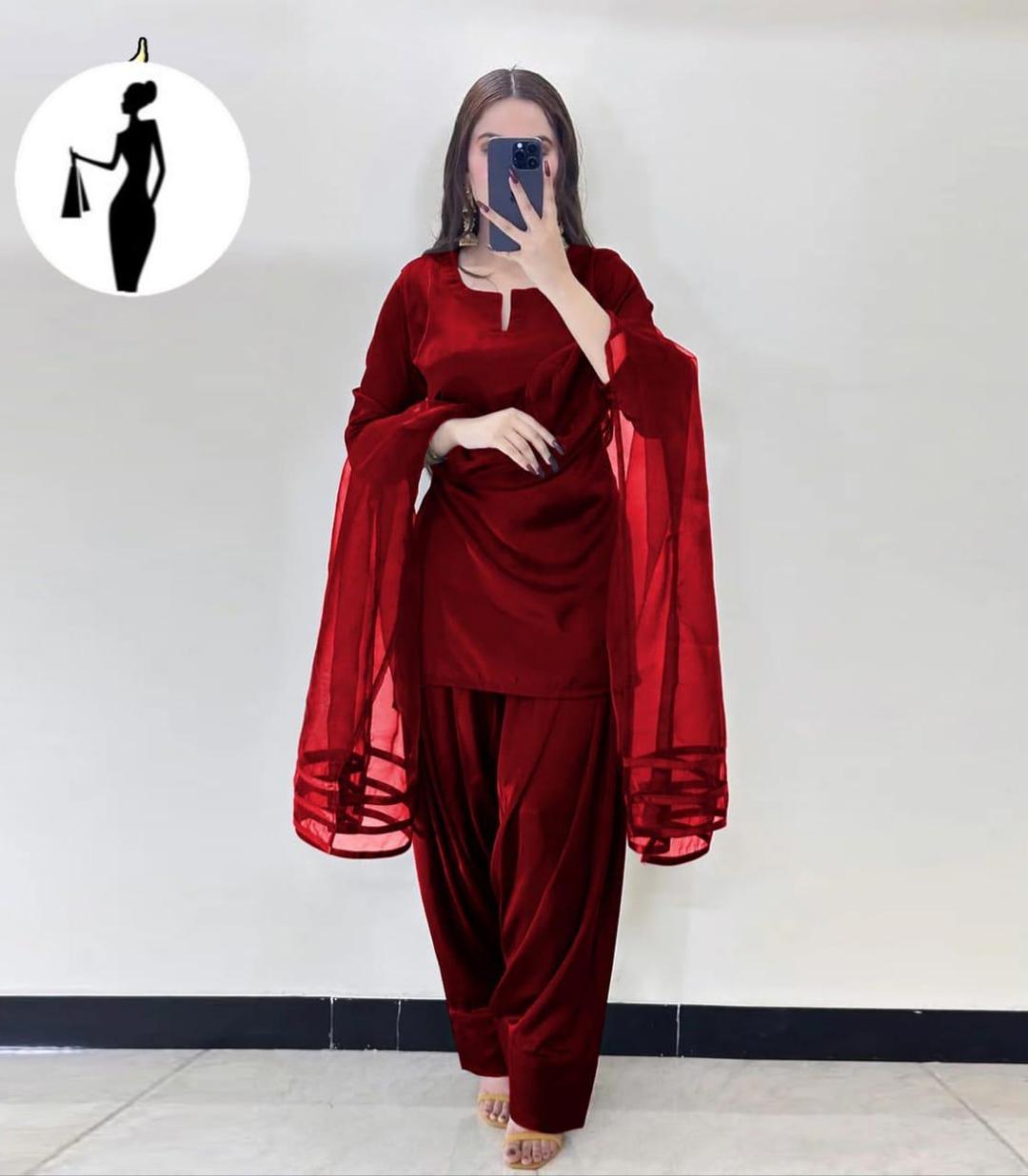 3 Pcs Women's Stitched Plain Suit